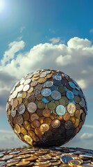 A spherical sculpture made of assorted coins against a bright blue sky with fluffy clouds, symbolizing wealth and economy.