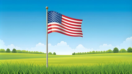 Simple flat vector illustration as Field with American flag and clear sky concept as A tranquil field with an American flag waving under a clear sky representing unity and hard work ideal for business