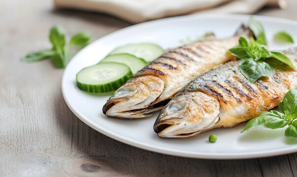 fish grilled as and cucumber slice , Generative AI