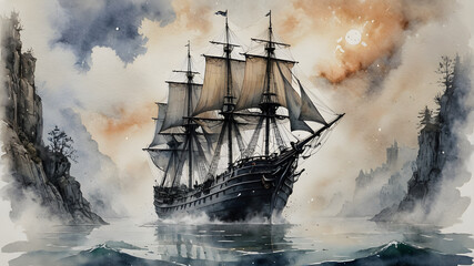 Obraz premium Ghostly ship, sailing through mist, gothic adventure