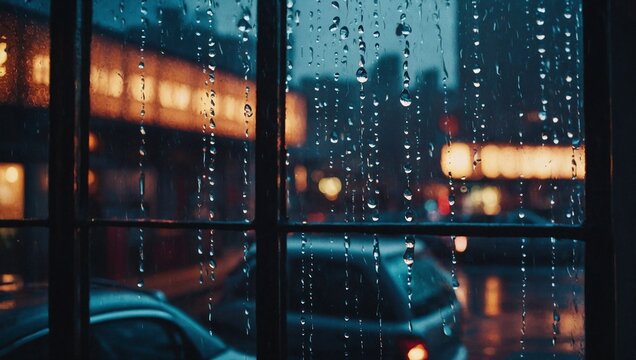 Rain drops on a window overlooking a city street
