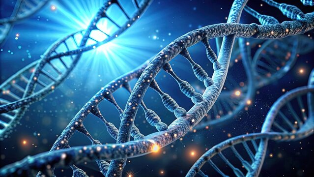 Microscopic image of DNA double helix structure with faulty genetic code, representing genetic mutations and disorders, set against a dark blue background with subtle glow.