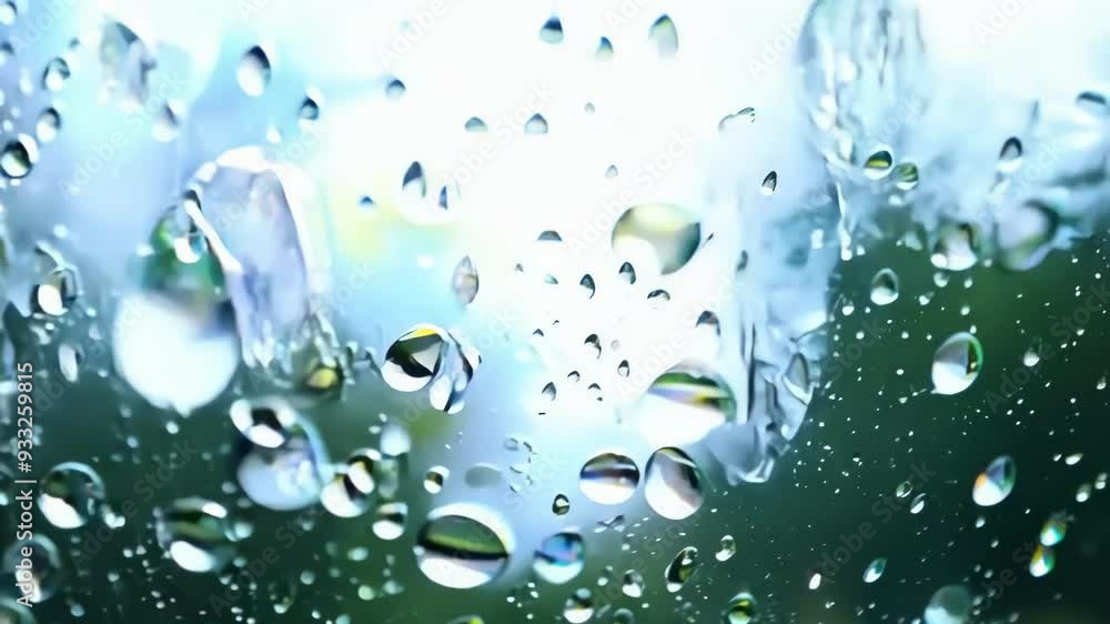 Poster water drops trickling down a glass window, creating a mesmerizing pattern against a green backdrop o