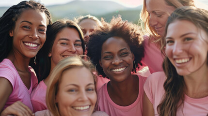 Fototapeta premium Pink t-shirts with messages of hope worn by breast cancer survivors 