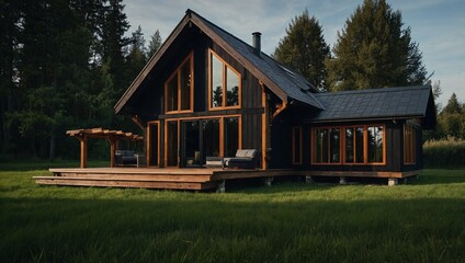 Obraz premium wooden house in the middle of green grass