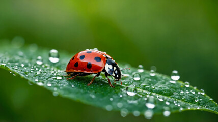 Close-up of a ladybug on a dewy leaf in a lush green background