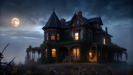 Obraz premium Haunted house at night with a full moon, eerie atmosphere and glowing windows, gothic style