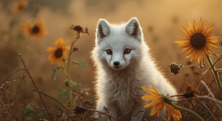 Cute animal wallpaper collection, Arctic fox in flowers, Cute white Arctic fox surrounded by colorful wildflowers