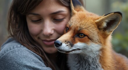 Cute animal wallpaper collection, Girl and fox connection, Young woman embracing a red fox, showcasing an unusual bond