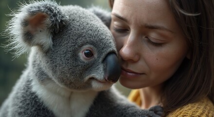 Naklejka premium Cute animal wallpaper collection, Koala cuddles, Young woman embracing a koala, showcasing a tender moment with wildlife