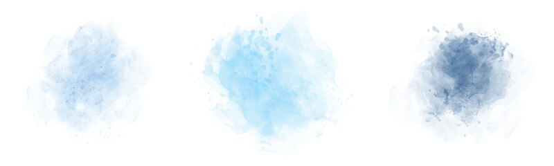 Set of abstract Blue watercolor water splash on a white background. Vector watercolor texture in Blue color. Ink paint brush stain. Blue splatters spot. Watercolor pastel splash