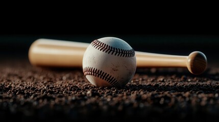 A close-up of a baseball and bat on a brown surface, highlighting the texture and detail of this classic sport.