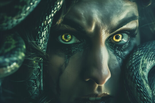 Medusa Gorgon with snakes for hair, ready to petrify her victims with a horrifying gaze in a Halloween scene