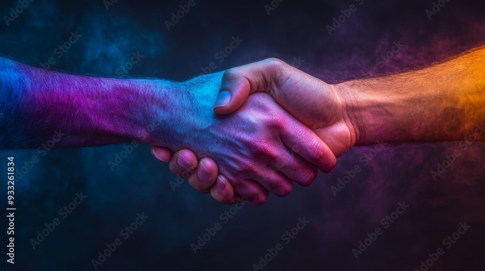 Poster hands clasped together in a handshake, illuminated by colorful light, representing collaboration and