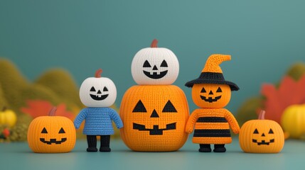 Happy Cartoon Halloween Pumpkin Family Trick-or-Treating in Bright Colors with Copy Space, Selective Focus,
