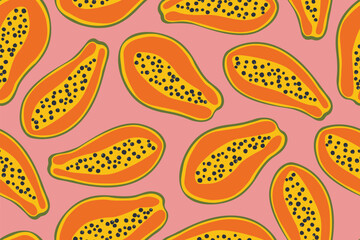ripe papaya fruit seamless pattern, tropical background- vector illustration