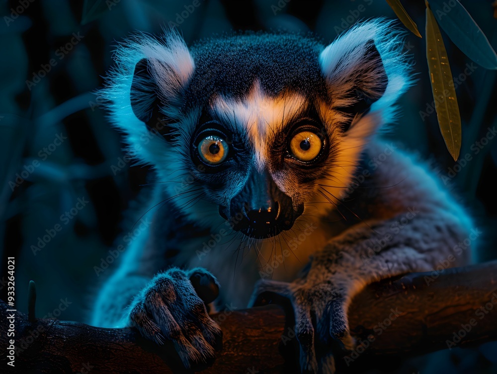 Poster a curious lemur gazes intently from a branch in a dimly lit forest at twilight