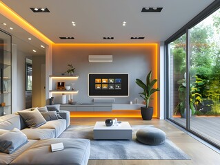 Modern living room with large windows and illuminated accents in a contemporary home