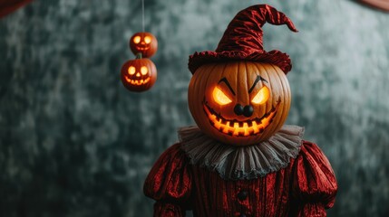 Naklejka premium Spooky Halloween Clown Pumpkin Juggling Jackolanterns in Creepy Circus Tent Costume with Copy Space, Ultra HD