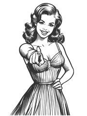 Fototapeta premium cheerful woman with curled hair smiling and pointing her finger directly at the viewer in playful manner sketch engraving generative ai fictional character vector illustration. Black and white image