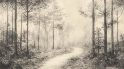 Obraz premium Biblical Illustration of a Dense Forest with a Narrow Path Shrouded in Mist, Symbolizing the Uncertainty and Fear of One Struggling Through Sin's Consequences, Psalms 38