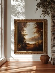 Elegant classic oil painting frame mockup in a warm cozy Victorian era interior setting with natural lighting ornate golden detailing and a rustic timeless aesthetic