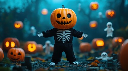 Spooky Halloween Dance with Cartoon Pumpkin in Skeleton Costume in Graveyard Setting with Glowing Jack O'Lanterns and Floating Spirits