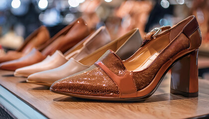women's fashion shoes Many colors are displayed on the shoe store shelves.