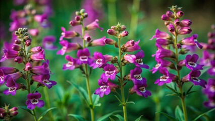 Vibrant purple Penstemon flowers bloom in a lush green meadow with a soft focus background, providing ample copy space for text or design elements.
