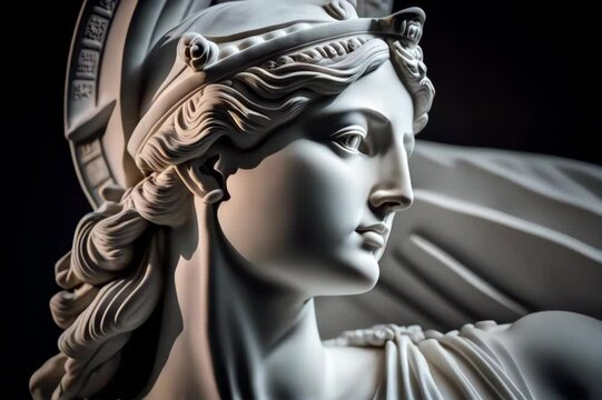 Renaissance marble statue of Athena. She is the Goddess of wisdom, warfare, and handicraft. Athena in Greek mythology, known as Minerva in Roman mythology.