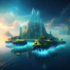 Surreal Floating Islands with Glowing Crystals