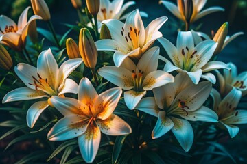 Fototapeta premium Delicate white lily flowers and scattered petals with soft yellow centers isolated on transparent background, evoking feelings of serenity and new beginnings in spring.
