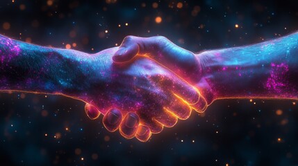The hands of two individuals come together in a handshake, illuminated with vibrant colors, representing connection and partnership.