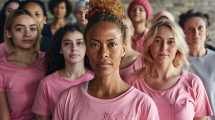 Obraz premium Group of survivors wearing pink t-shirts with messages of hope 