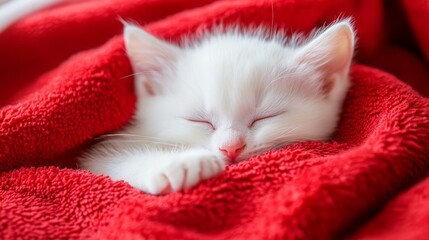 A white kitten sleeps soundly, curled up in a red blanket.