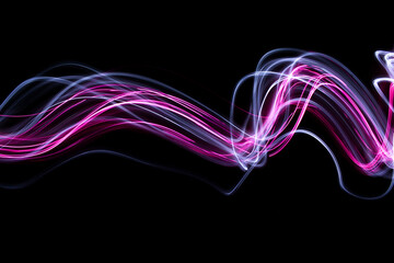 Light Painting Photography - swirly waves of neon pink and white light against a black background