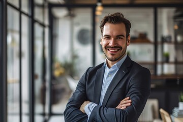 Handsome businessman with arms crossed, smiling in a modern office, captured in high-definition realistic style.