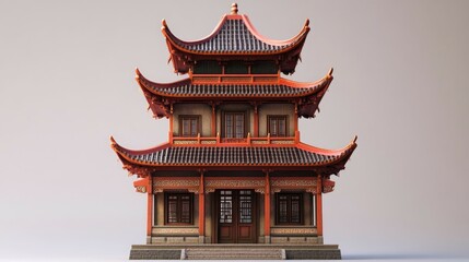 Fototapeta premium A traditional Chinese temple with red and black roofs, ornate windows, and a stone staircase.