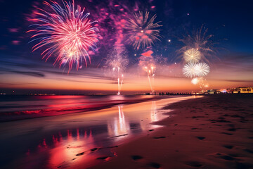 Fireworks on the sea night beach