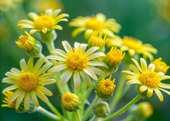 Vibrant yellow blooms of Senecio vernalis fill the frame, with delicate petals and fuzzy centers, set against a soft, blurred green background with selective focus.