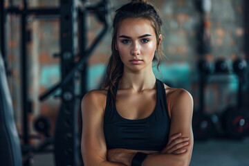 Fototapeta premium Young woman dressed in sports uniform, posing in the gym center