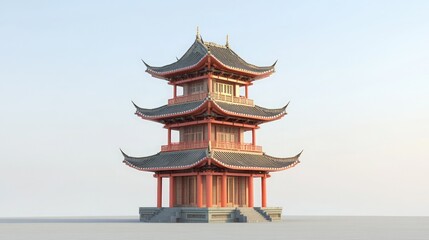 Fototapeta premium A traditional three-story Chinese pagoda with a red roof and black tile, on a white background.
