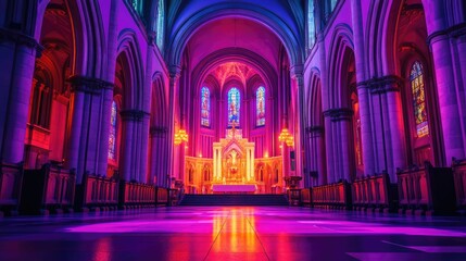 A vibrant purple and red interior view of a cathedral with stained glass windows, arches, pillars, and pews.