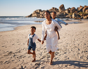 Portrait, ocean and mother with kids, hug and happiness with love, vacation and summer holiday. Face, family and single parent with children, beach and embrace with journey, adventure and travel