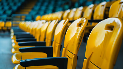 Fototapeta premium Rows of empty yellow stadium seats under sunlight