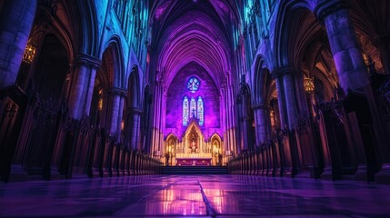 A view down the center aisle of a cathedral, illuminated in vibrant purple and blue light.