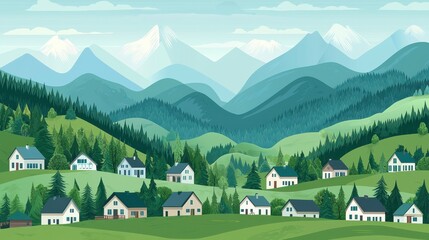 A serene landscape featuring charming houses nestled in lush greenery, with majestic mountains in the background and vibrant skies.
