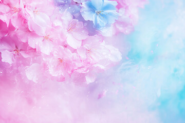 Obraz premium Dreamy pastel garden with pink and blue flowers, floating cherry blossoms, and wisps of cotton candy in the air, captured in hyper-realistic detail.