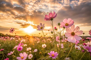 Obraz premium Vibrant cosmos flowers sway gently in a serene sunset landscape, bathing in warm golden light, with fluffy clouds drifting above a dreamy horizon background.