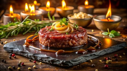 giant raw beef patty on artisanal stone plate with rich demiglace sauce and crispy shallots under warm candlelit ambiance